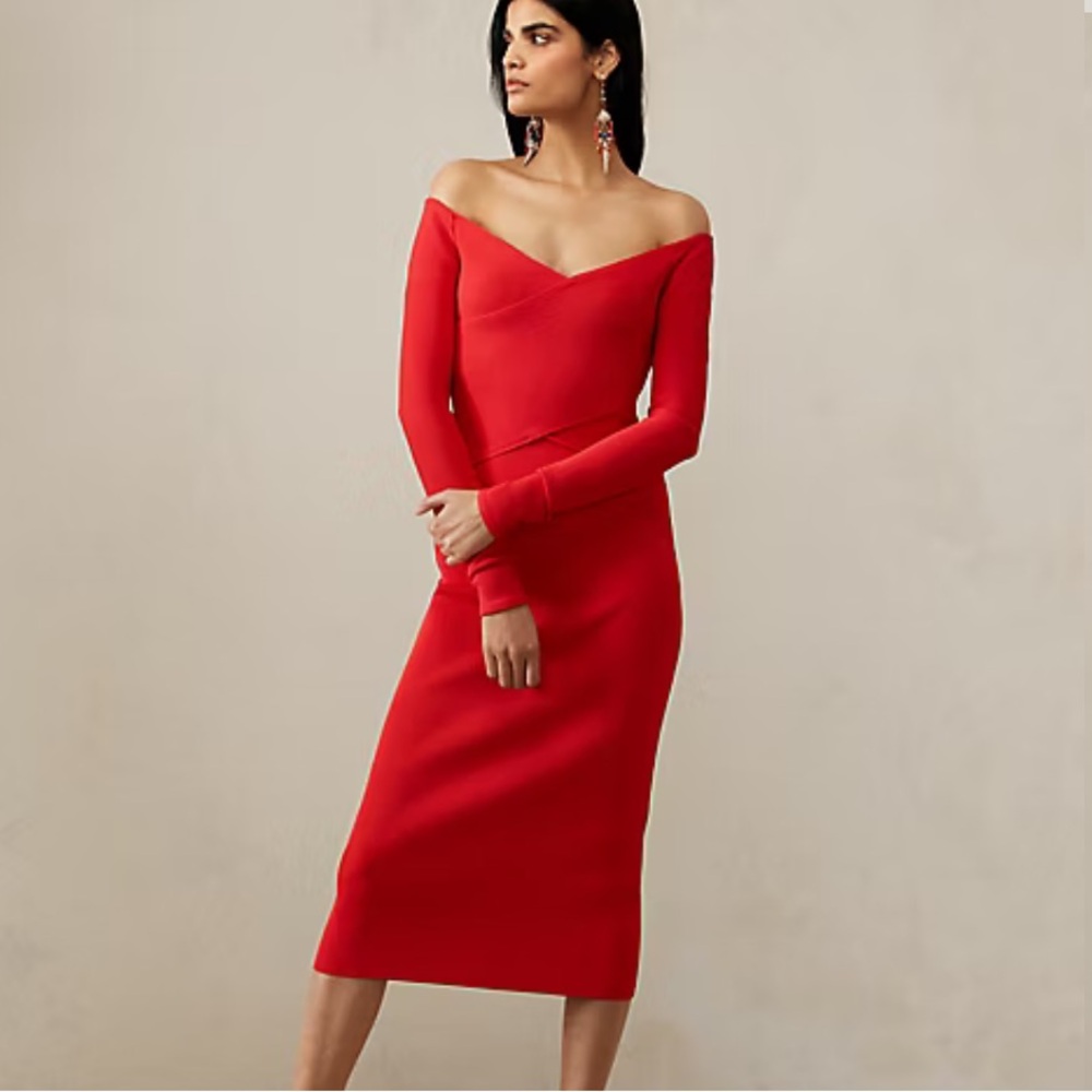 Ralph Lauren Collection Red Rib-Knit Off-Shoulder Cocktail Dress size Large